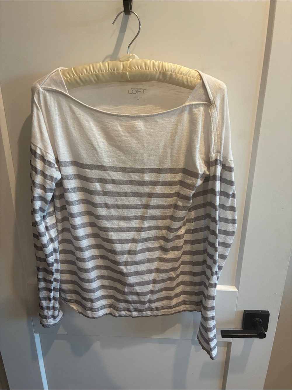 LOFT White and Gray Striped Long Sleeve Boatneck Top